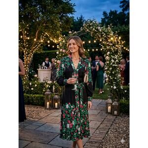 Anthropologie Black Floral Long Sleeve Dress - Green/Pink Leaf Print- Small